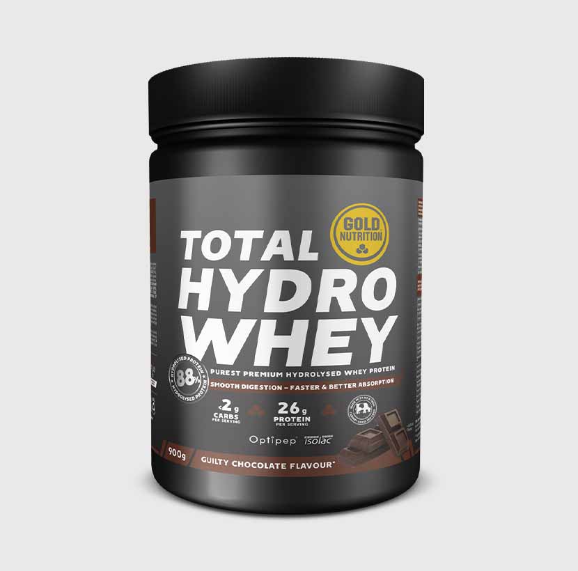 GoldNutrition Total Hydro Whey protein powder in vanilla flavor, featuring a sleek container with a scoop and label.