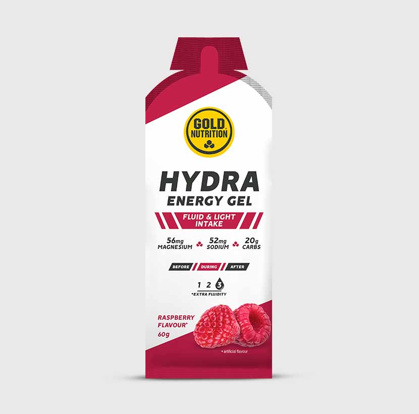 GoldNutrition Hydra Gel vitamin supplement in a clear jar with a scoop, showing the gel-like capsules inside.