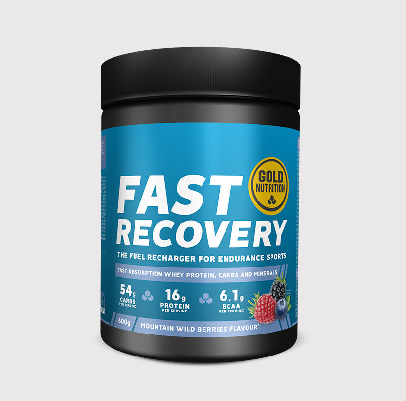 GoldNutrition FAST RECOVERY vitamins and supplements bottle, featuring colorful label with capsules and tablets inside.