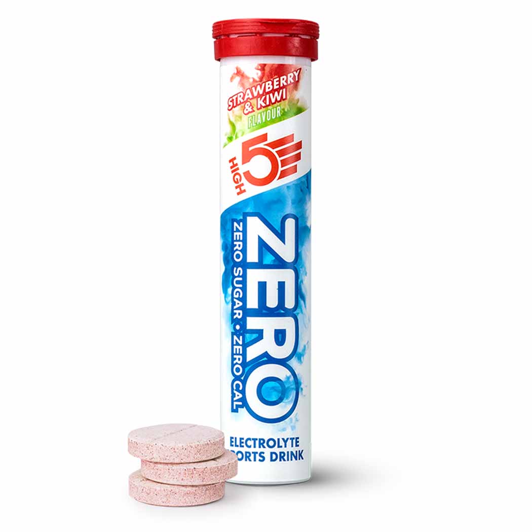 High5 ZERO Electrolyte Drink tube with 20 citrus flavor servings, showing colorful drink powder and packaging.