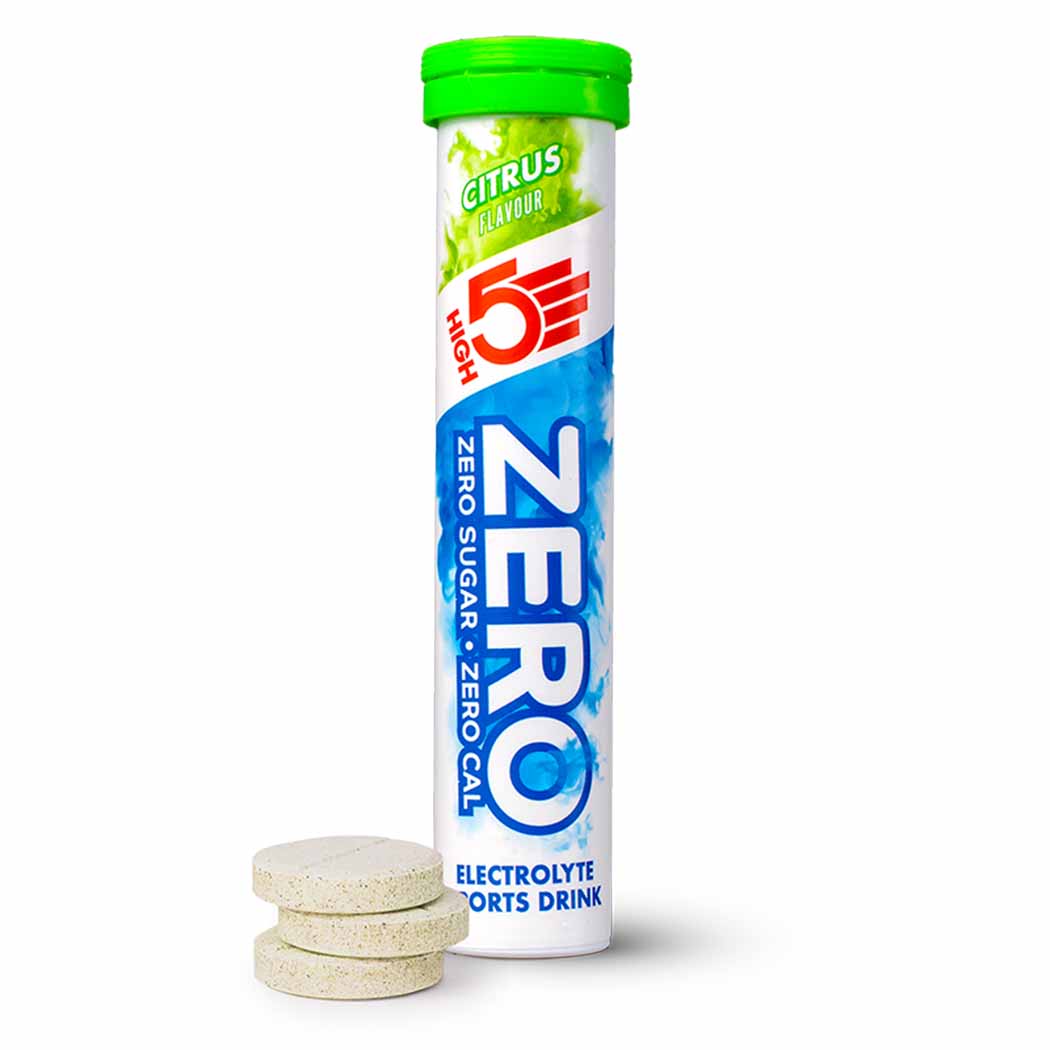 High5 ZERO Electrolyte Drink tube with 20 servings, citrus flavor, showing the colorful packaging and product label.
