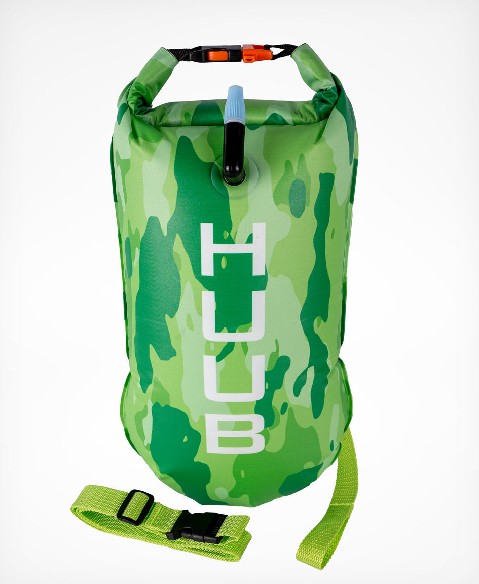 UUB Safety Tow Float Lime camo inflatable open water swim buoy, 16L waterproof with waist belt and whistle