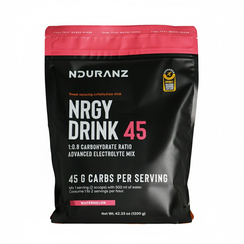 Cans of Nduranz Energy Drink 45 with vibrant label design and sleek silver packaging on a white background.