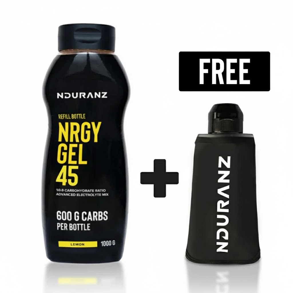 Nduranz Energy Gel 45 refill bottle, sports nutrition supplement for quick energy, with vibrant label and resealable cap