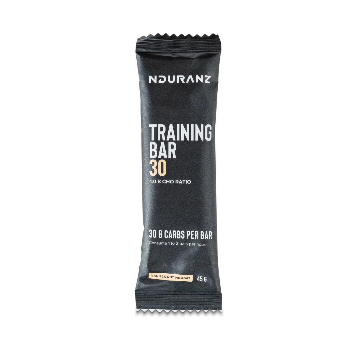 Nduranz Vanilla Nut Nougat Energy Bar with 30g carbohydrates, single-serve training bar for active nutrition.