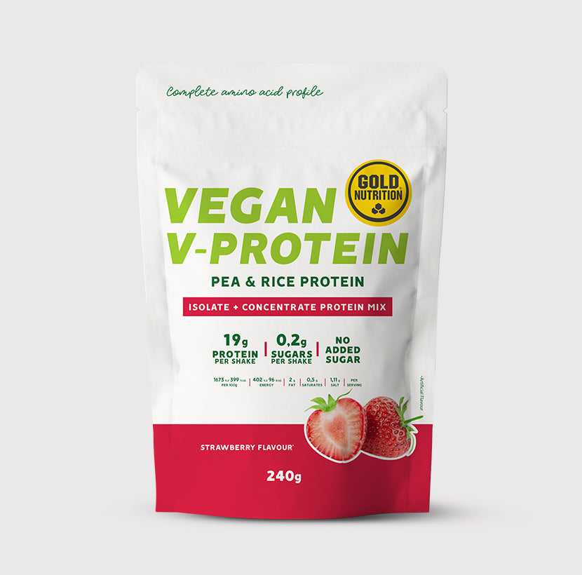 GoldNutrition V-PROTEIN Hazelnut flavor in 240g container, showcasing the label and packaging.