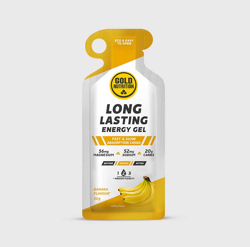 GoldNutrition Long Lasting Gel vitamin supplement in mango flavor, showing the single-serve gel pack with bright packaging.
