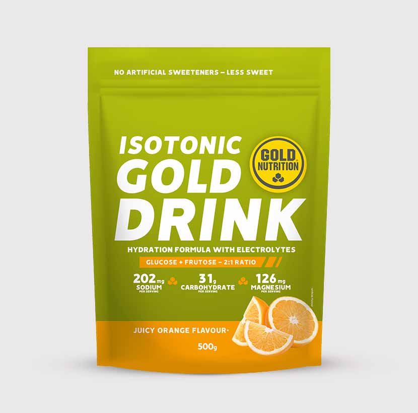 GoldNutrition GOLD DRINK 500G vitamin supplement container with a label, featuring a yellow and gold design.