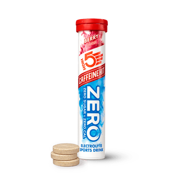 High5 Zero Caffeine Hit Electrolyte Drink tube with 20 berry-flavored servings, showcasing the colorful packaging and product details.