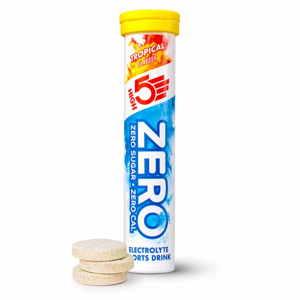 High5 ZERO Electrolyte Drink tube with 20 servings, citrus flavor, showing the colorful packaging and product label.
