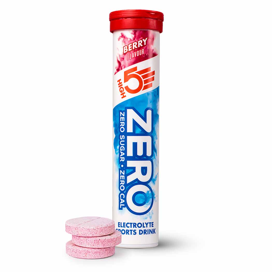 High5 ZERO Electrolyte Drink tube with citrus flavor, 20-serving size, showing the colorful packaging and product labeling.