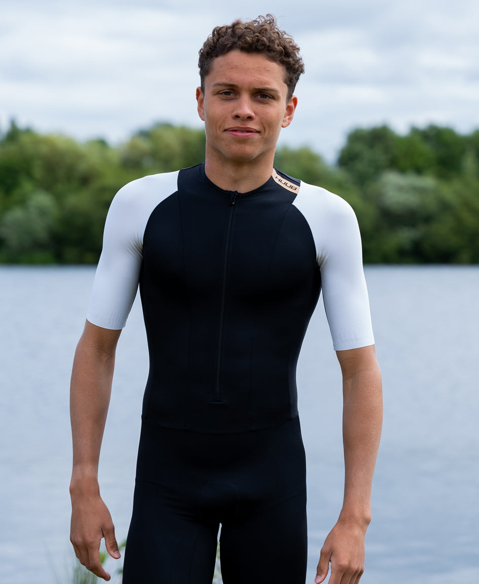 HUUB TC Performance Tri Suit Men’s – Fluo Yellow, Black White, long sleeve, mesh, 3D pad, rear pockets