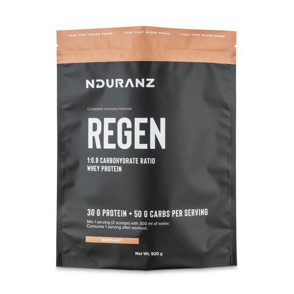 Nduranz Regen Recovery Drink with hazelnut flavor, featuring energy bars and gels for post-exercise recovery and energy replenishment.
