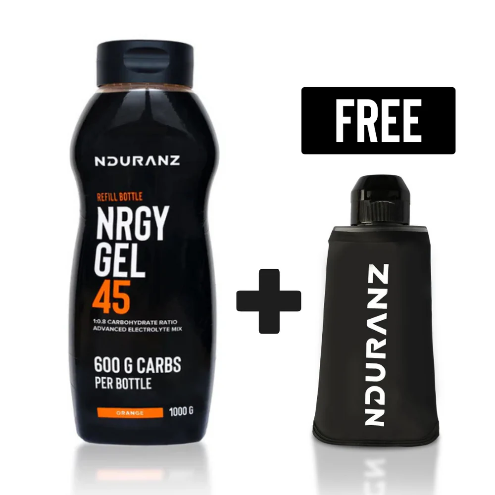 Nduranz Energy Gel 45 refill bottle, sports nutrition container with energy gel for athletic performance.
