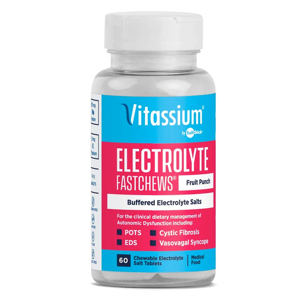 SaltStick Vitassium FastChews in Fruit Punch flavor, showing colorful chewable tablets for electrolyte replenishment.